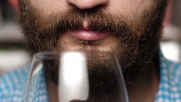 A szakállas ember bort iszik. A férfi kéz üveget hoz a szájába és vörösbort iszik. — Stock videók