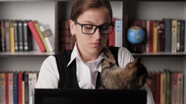 Vrouw met kat op schouder die achter de computer werkt. Gericht aantrekkelijke meisje werknemer freelancer zakenman verkoper op de werkplek houden kat en typen op laptop toetsenbord voert gegevens. Close-up — Stockvideo