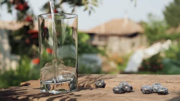 Vand hældes i glas. Drikkevand hældes i gennemsigtigt glas på baggrund af landsted og natur. Nærbillede – Stock-video