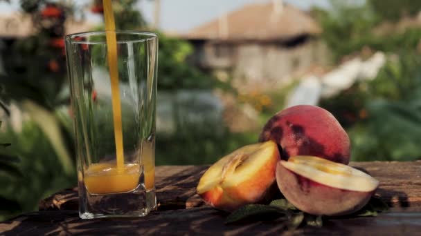 桃汁をグラスに流し込む。カントリーハウスや自然を背景に、透明なガラスガラスに桃ジュースが注がれ、新鮮な犬が近くに横たわっています。閉鎖 — ストック動画