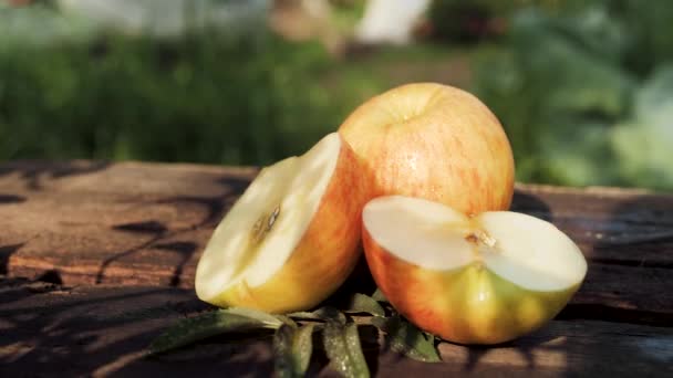 As maçãs vermelhas estão na mesa de madeira do lado de fora no dia ensolarado na natureza. Close-up — Vídeo de Stock