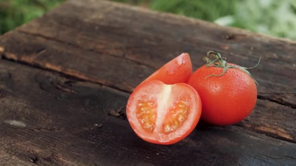 Tomaten liegen an sonnigen Tagen in der Natur auf einem Holztisch. Nahaufnahme — Stockvideo