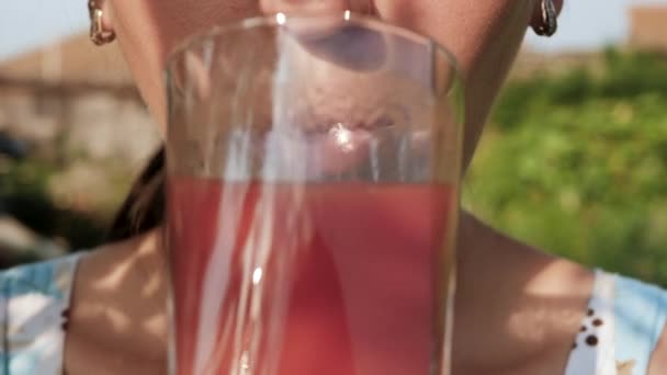 La femme boit du jus de tomate. Main féminine apporter du verre avec du jus de tomate à leur bouche et le boire par une journée ensoleillée dans la nature. Gros plan — Video
