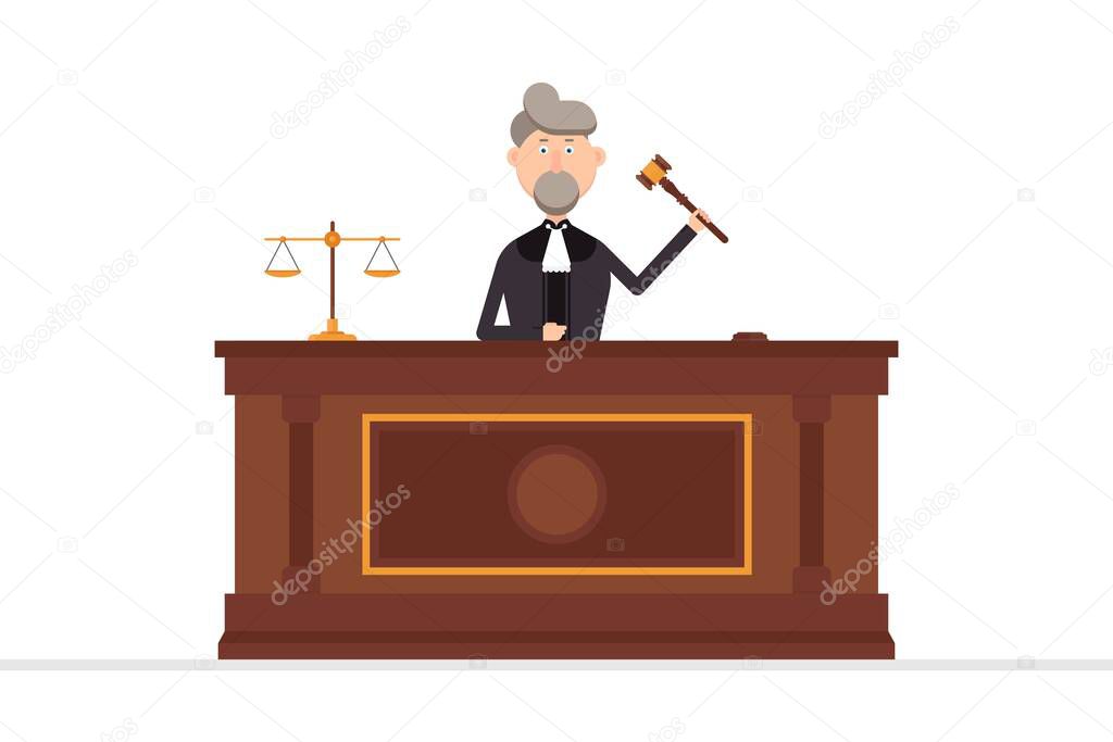 Judge character in courtroom with gavel in his left hand vector illustration