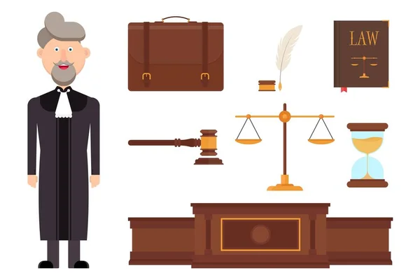Set Judge Character Law Elements Vector Illustration — Stock Vector