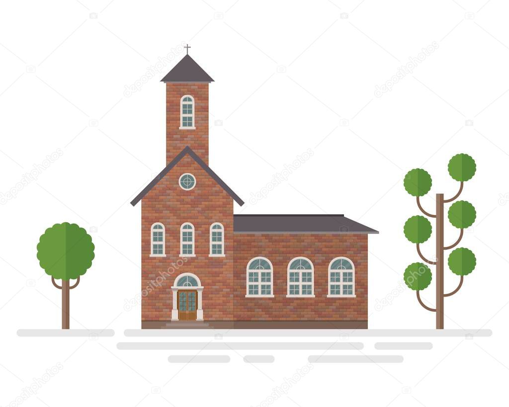 Church building and trees vector illustration isolated on white background