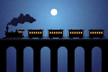 Gece köprüde vagonlu buharlı tren silueti