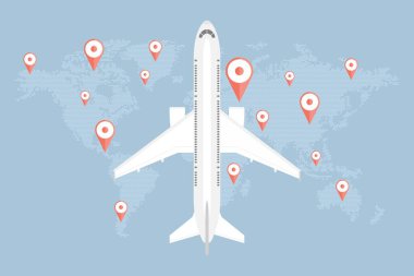Dünya seyahati konsepti, iğne ve uçak arkaplanlı noktalar