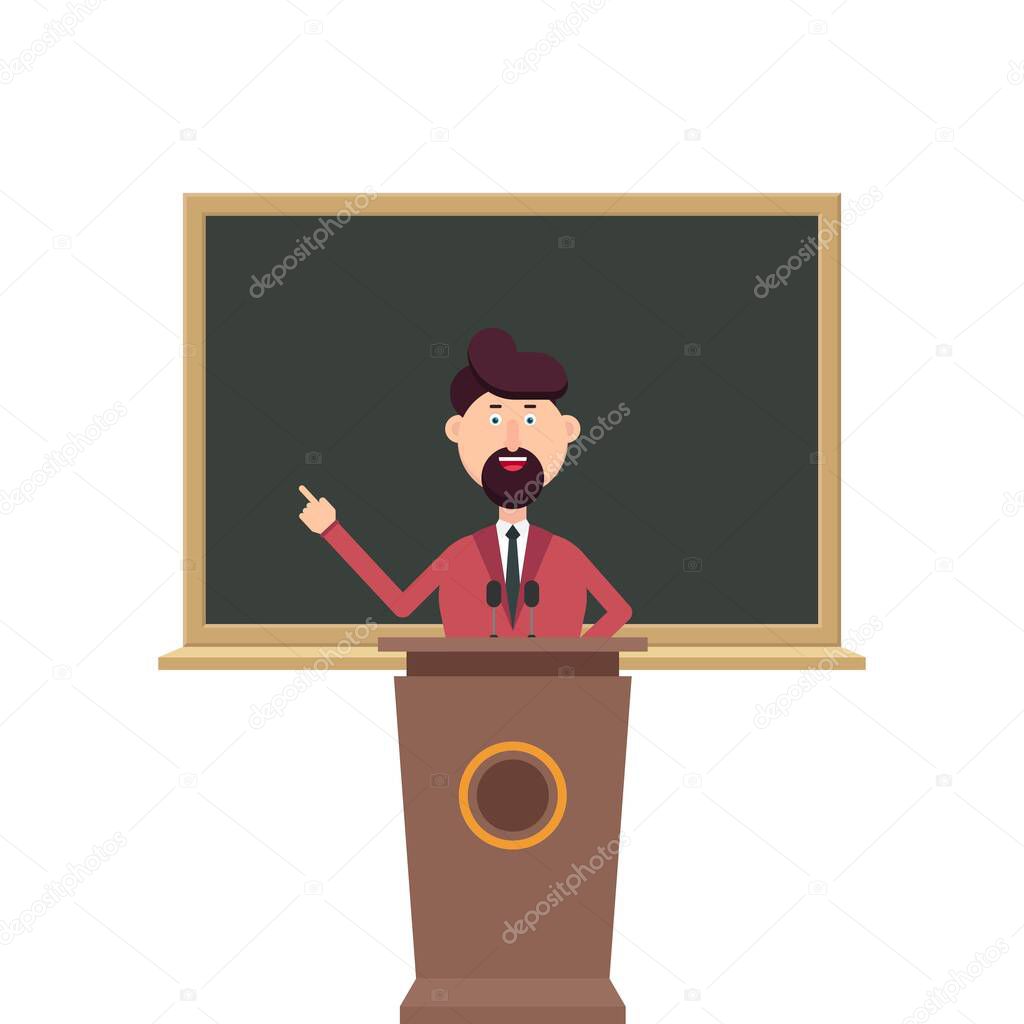 University teacher standing at the podium tribune in front of blackboard