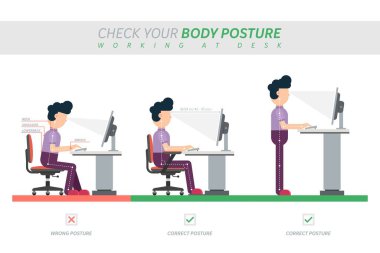 Masa düz vektör illüstrasyonunda oturmanın ergonomik duruşu