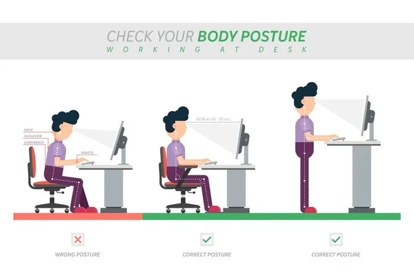 Ergonomic posture of sitting at desk flat vector illustration — Stock Illustration Ergonomic Posture Sitting Desk Flat Vector Illustration Stock Illustration