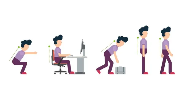 Business man showing the correct posture in different situations — Stock Illustration Business Man Showing Correct Posture Different Situations Royalty Free Stock Vectors