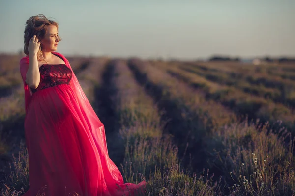 Krásná Těhotná Žena Levandulové Pole Sledování Západu Slunce Blonďatá Dáma — Stock fotografie
