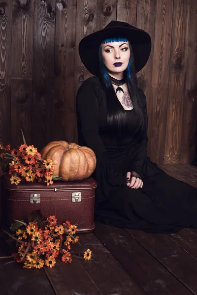 Bruja Halloween Hermosa Joven Con Sombrero Brujas Traje Diseño Arte —  Fotos de Stock