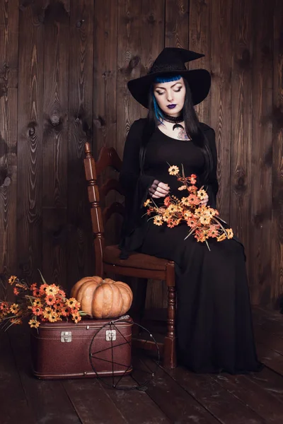 Bruja Halloween Hermosa Joven Con Sombrero Brujas Traje Diseño Arte — Foto de Stock