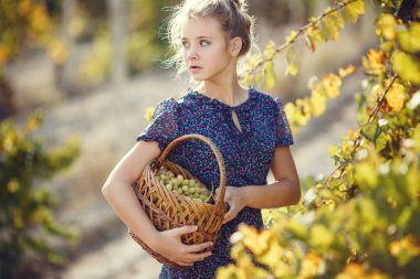 Dışarıda üzümlü küçük bir kız. serisi sonbahar Provence kırsal