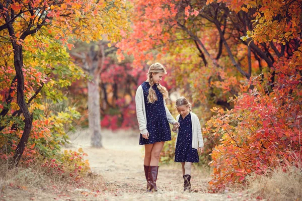 暖かい秋の日に公園で遊んでいる2人の陽気な姉妹 — ストック写真