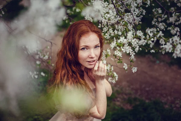 Beautiful Happy Young Woman Red Hair Enjoying Smell Flowering Spring — Stock Photo, Image