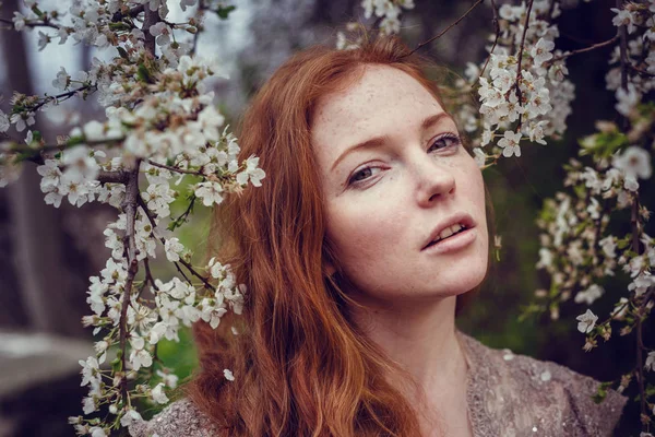 Beautiful Happy Young Woman Red Hair Enjoying Smell Flowering Spring — Stock Photo, Image