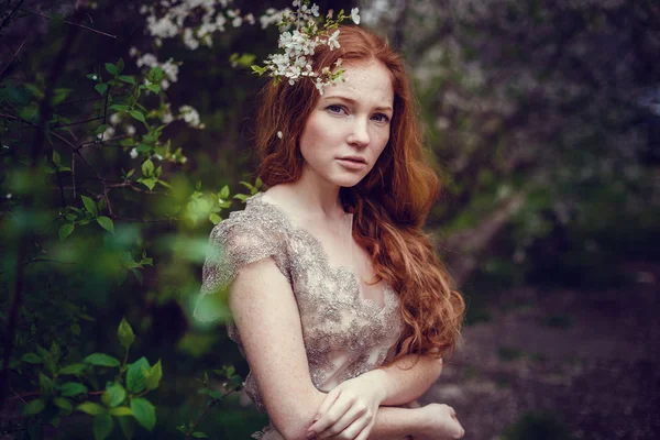 Beautiful Happy Young Woman Red Hair Enjoying Smell Flowering Spring — Stock Photo, Image