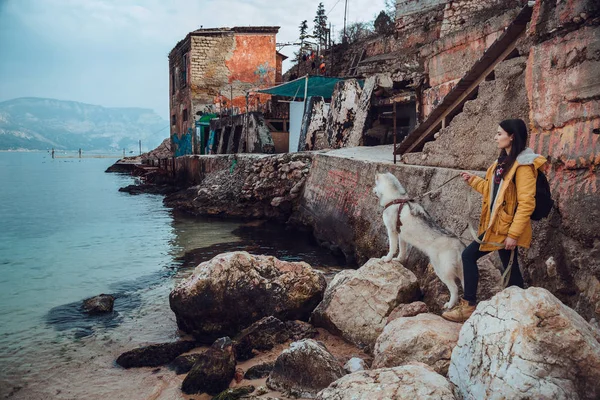 The husky dog outdoor with happy girls — Stock Photo, Image