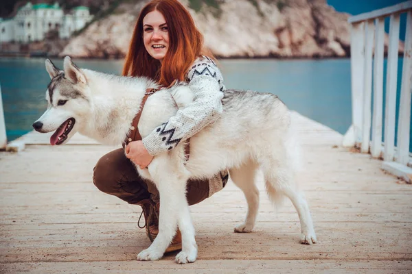 幸せな女の子と屋外のハスキー犬 — ストック写真