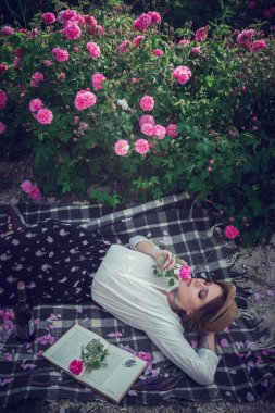 Çiçek serisi. Pembe alan. Kırım'da, Turgenyevka köyü. Bir köylü kızıyla günbatımı, şarap ve güzel kokulu gül bahçesinde kitap okumak sahiptir. Parfüm kavramı