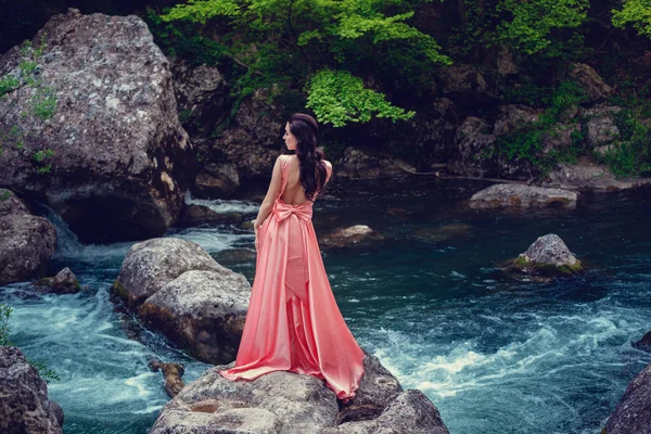 Bruja Del Río Vestido Largo Rosa Una Imagen Fabulosa Tonificación — Foto de Stock