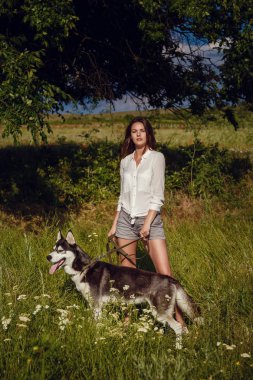 Genç güzel kız bir köpekle oynamayı. Köpekle park üzerinde oynamak. Yakın çekim portre. Siberian dış yapraklar.