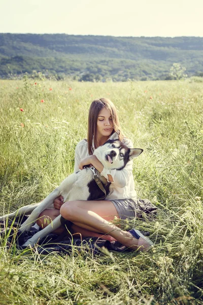 Молода дівчина красива гра з собакою. Гра з собакою на парк. Закри портрет. Сибірський хаски. — стокове фото