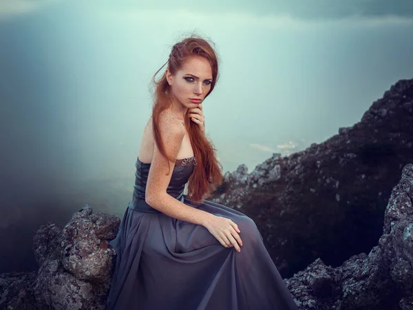 Summer Outdoors Portrait Beautiful Ginger Woman Grey Dress High Mountains — Stock Photo, Image