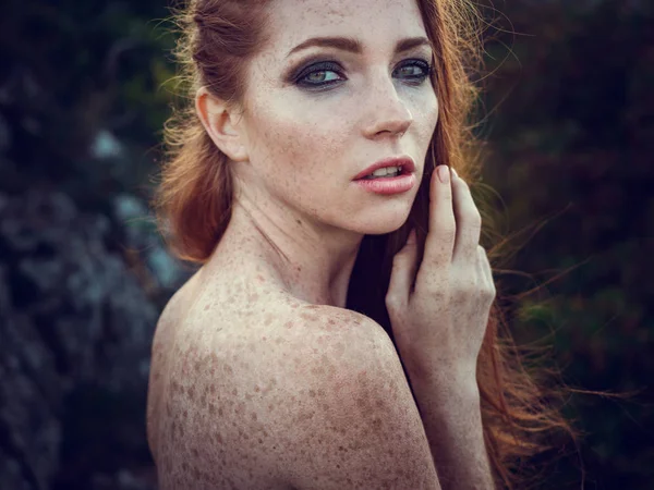 Summer Outdoors Portrait Beautiful Ginger Woman Grey Dress High Mountains — Stock Photo, Image