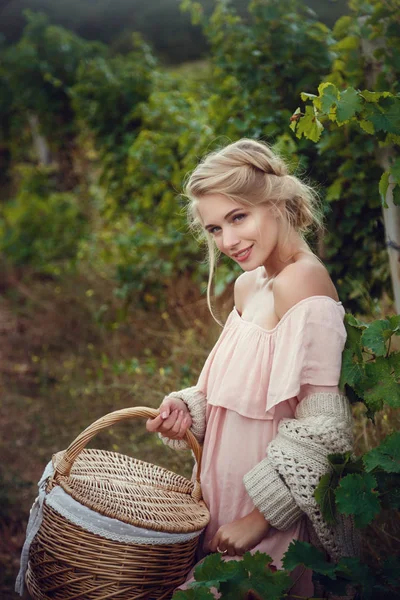 Piękna Blond Dziewczyna Winnicy Romantyczny Stylu Prowansji Delikatny Wizerunek — Zdjęcie stockowe
