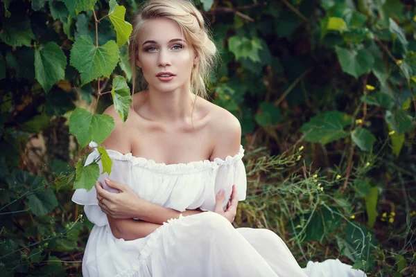Beautiful Blond Girl Vineyard Romantic Style Provence Gentle Image — Stock Photo, Image