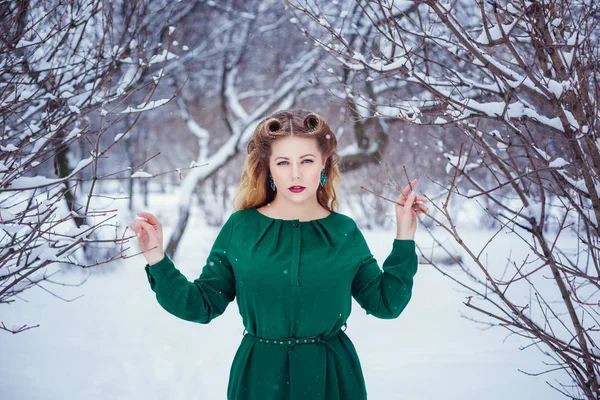 Retrato de invierno de una joven hermosa morena vestida con un nudo de punto cubierto de nieve. Nieva concepto de moda belleza invierno . —  Fotos de Stock