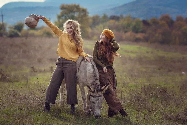 Dos encantadoras mujeres jóvenes descansan en la naturaleza junto con un lindo burro . —  Fotos de Stock