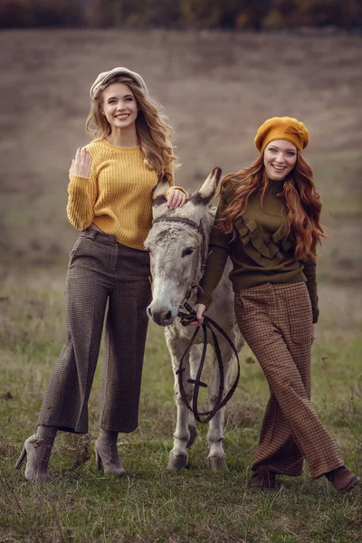 Twee charmante jonge vrouwen rusten op de natuur samen met een schattig ezel. — Stockfoto