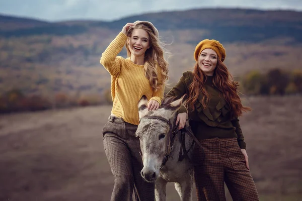 Deux charmantes jeunes femmes reposent sur la nature avec un âne mignon . — Photo