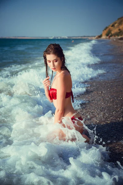 Feliz mulher despreocupada desfrutando de belo pôr do sol na praia — Fotografia de Stock