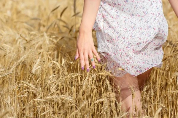 Krásná mladá žena v bílých šatech na poli zralé pšenice. Romantická nálada pozdního léta. — Stock fotografie