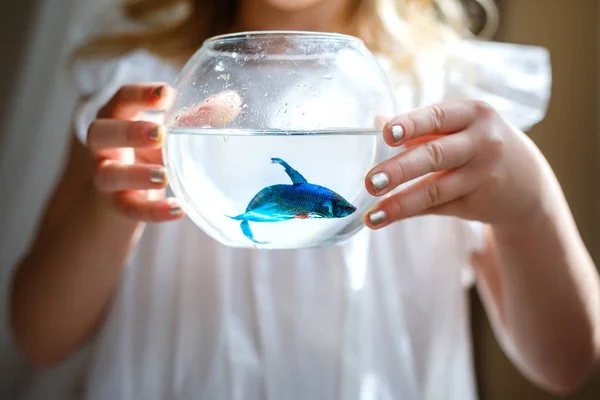 Baby girl in white dress holding a aquarium with blue fish — Stock Photo, Image