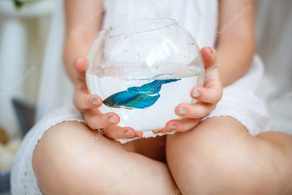 Baby girl in white dress holding a aquarium with blue fish