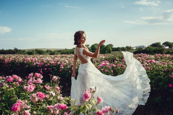 Bella donna in un parco floreale, rose da giardino. Trucco, capelli, una corona di rose . — Foto Stock