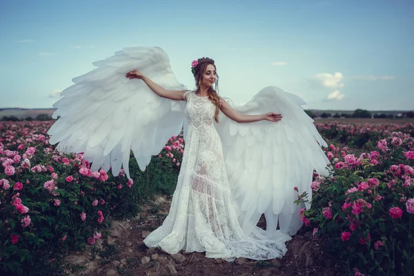 Beautiful woman in a floral park, garden roses. Makeup, hair, a wreath of roses. — Stock Photo, Image