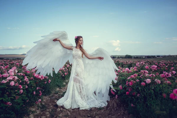 Mooie vrouw in een bloemenpark, Tuin rozen. Make-up, haren, een krans van rozen. — Stockfoto