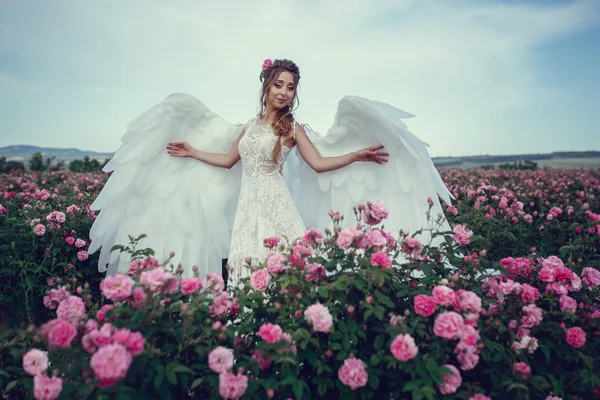 Bella donna in un parco floreale, rose da giardino. Trucco, capelli, una corona di rose . — Foto Stock