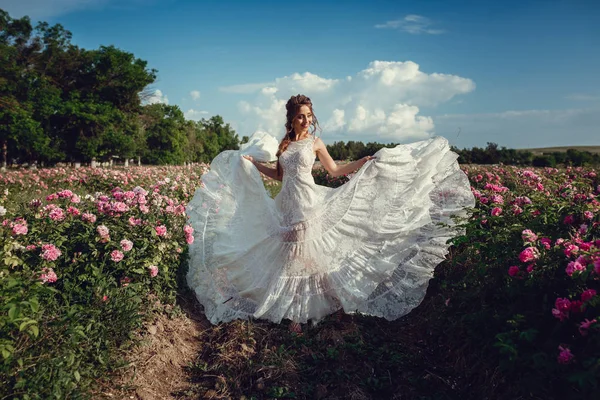 Krásná žena v květinové parku, zahradní růže. Makeup, vlasy, věnec růží. — Stock fotografie