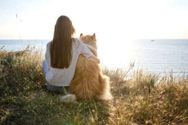Collie köpek ile yürüyen genç güzel kadın.