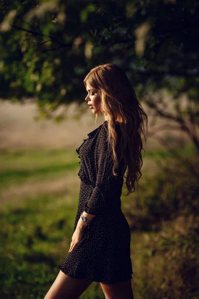 Feliz chica bonita en el campo al atardecer. Foto de arte — Foto de Stock