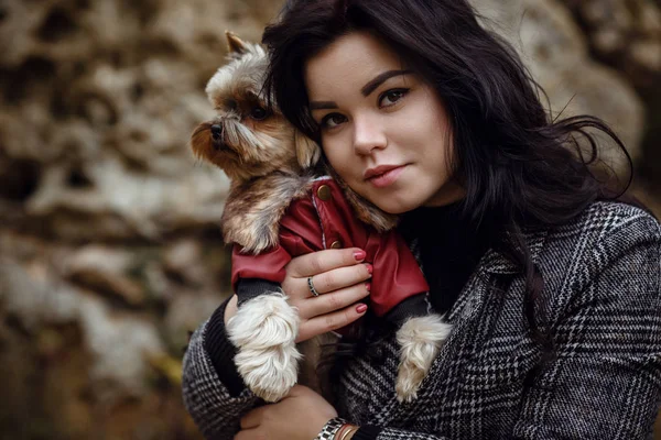 Schattig jong meisje met Yorkshire Terrier hond — Stockfoto